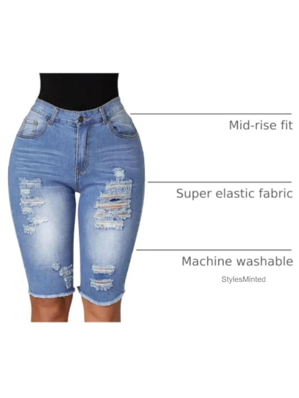 Ripped Stretchy Long Jean Shorts Mid Rise Frayed Cut Off Bermuda Shorts